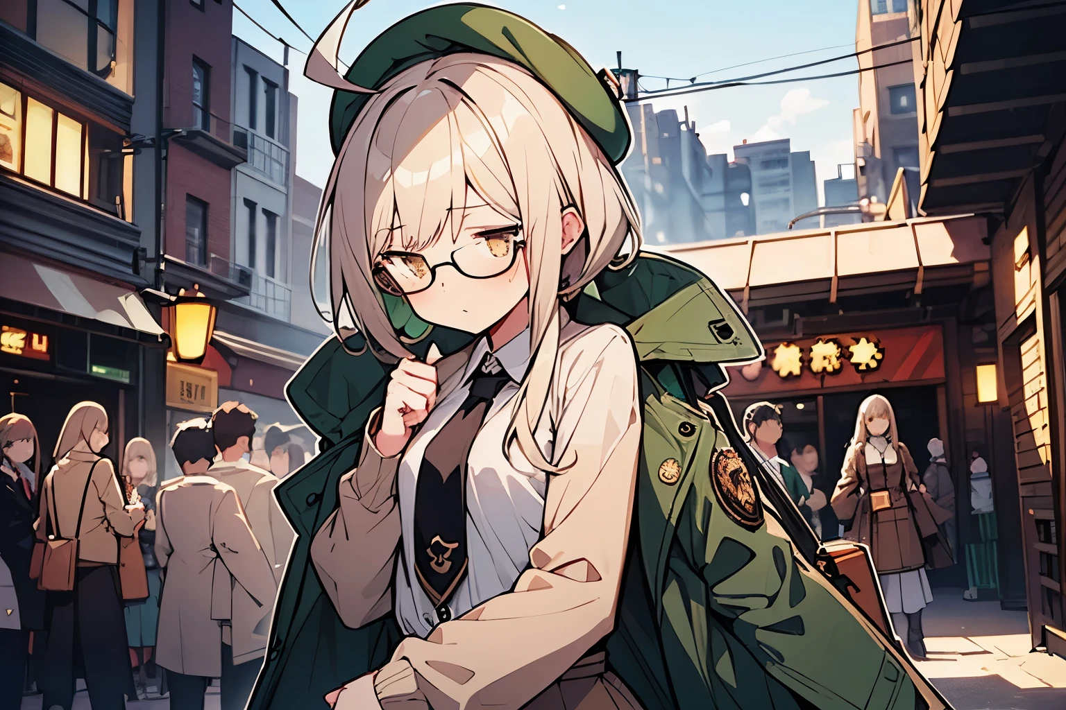 long ahoge,shirt,White hair,Brown eyes,Bottle-bottom glasses,Brown tie,brown skirt,dark green beret,Dark green jacket,girl with,steampunkai,sleepeace,retro city background,#jitome