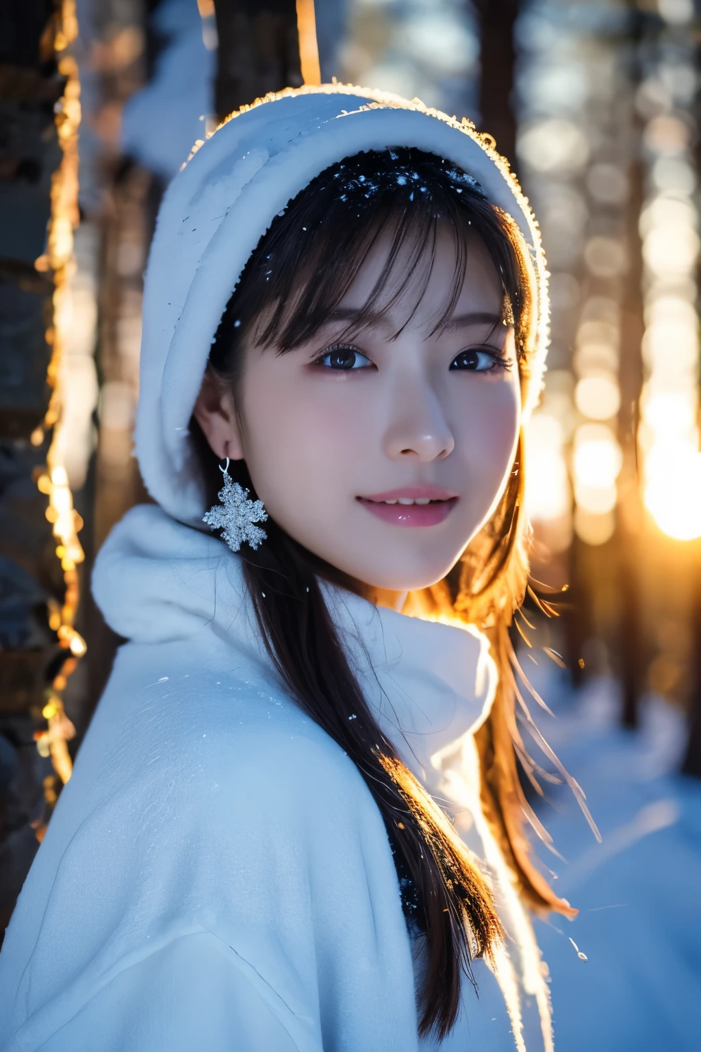 1girl in, (Winter clothes:1.2), Japanese beautiful actress, 
photogenic, Snow Princess, long eyelashes, Snowflake Earrings,
(Raw photo, Best Quality), (Realistic, Photorealsitic:1.4), (masutepiece), 
Beautiful detailed eyes, Beautiful detailed lips, extremely detailed eye and face, 
BREAK
 (Frozen snow field in winter Lapland), (The glow of the setting sun on the blue sky), 
ethereal beauty, Swirling snowflakes, Snowy trees, Powder snow, snow-capped mountain, 
Afterglow illuminates the silver world disappearing into darkness, 
Indigo and dark vermilion color scheme, Dramatic Lighting, Fantastic atmosphere, 
BREAK 
Perfect Anatomy, Slender body, Small, Short hair, Parted bangs, Angel Smile, 
Crystal-like skin, Clear eyes, catchlight