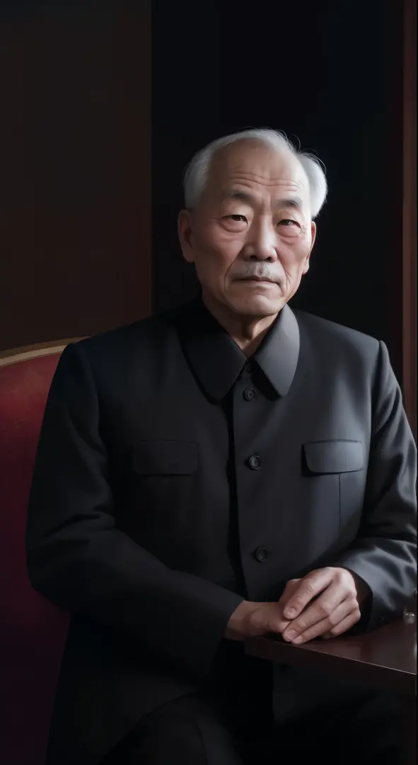 north korean grandfather sitting in his country house on a dark night, wearing a black clothes, light just one candle, looking s...