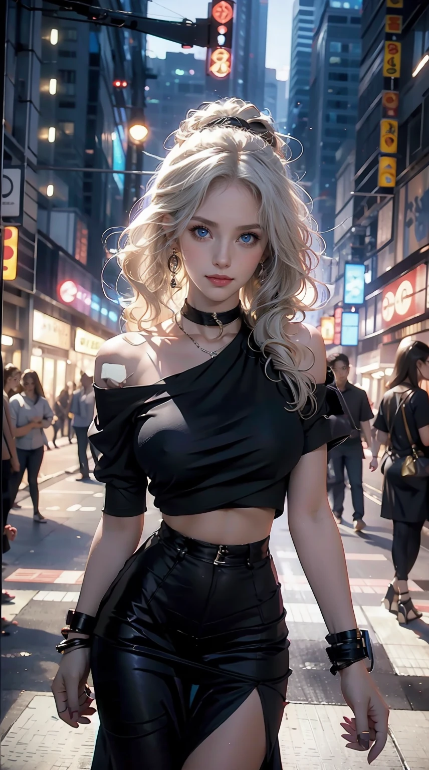 27 year old white woman、platinum-blonde、blue eyess、Longhaire、My hair is wavy、accessories on the wrist、wearing a choker、a smile、The navel is out、huge tit、My abs are cracked、slim muscular body、I don&#39;t want my head to disappear from the screen.、I&#39;m punching my chest、Shiny skin、She&#39;s wearing a black T-shirt that shows her underboob.、I'm wearing black leggings、I'm wearing high heels、Have a clutch bag、I&#39;m in front of the boutique show window