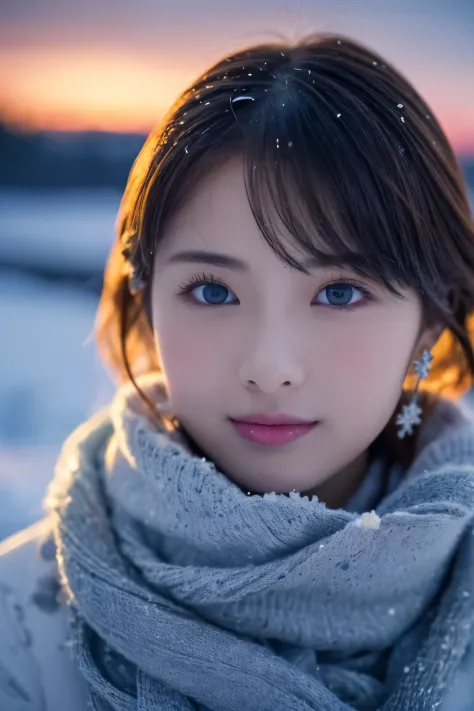 1girl in, (Winter clothes:1.2), Japanese beautiful actress, 
photogenic, Snow Princess, long eyelashes, Snowflake Earrings,
(Raw...