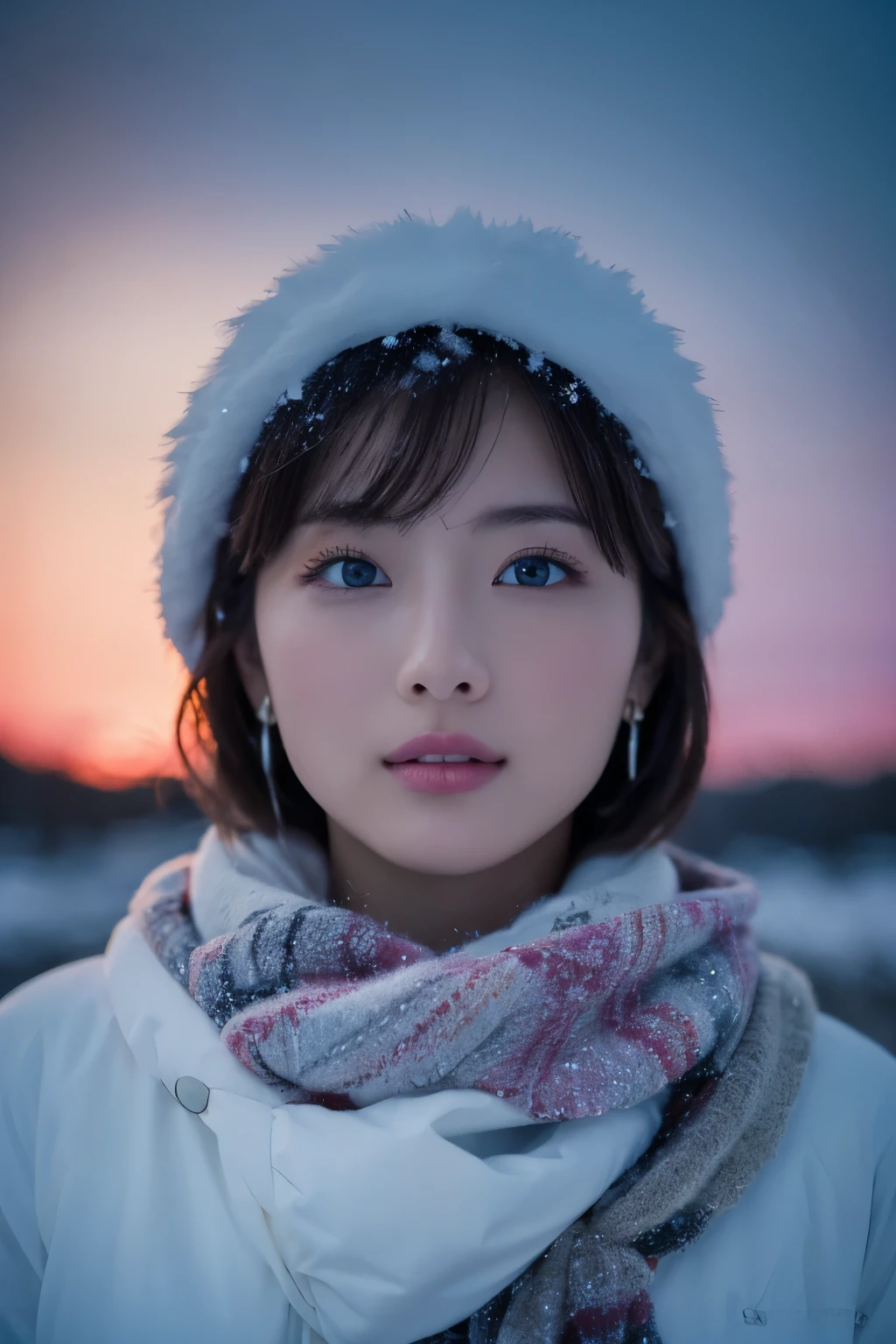 1 fille dans, (Vêtements d&#39;hiver:1.2), belle actrice japonaise, 
photogénique, princesse des neiges, long cils, Boucles d&#39;oreilles flocon de neige,
(photo brute, Meilleure qualité), (Réaliste, Photoréaliste:1.4), (dessus de la table), 
Beaux yeux détaillés, belles lèvres détaillées, œil et visage extrêmement détaillés, 
casser
 (Champ de neige gelée en hiver Laponie), (Les derniers vestiges du ciel crépusculaire&#39;l&#39;éclat de:1.4), 
beauté éthérée, flocons de neige tourbillonnants, Arbres enneigés, Poudreuse, Montagne au sommet enneigé, 
Paysage de champ enneigé au crépuscule, 
Couleurs indigo et vermillon foncé, Éclairage dramatique, ambiance fantastique, 
casser 
Perfect Anatomy, Corps mince, petit, Cheveux courts, Frange séparée, Ange Sourire, 
peau cristalline, Yeux clairs, Tir stroboscopique, projecteur