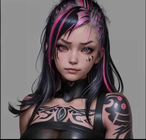 (1girl), Modern hairstyle, streaked hair color, hair highlighting, ((smug face)), ((tattoo:1.1)),
Masterpiece, Best Quality, Rea...