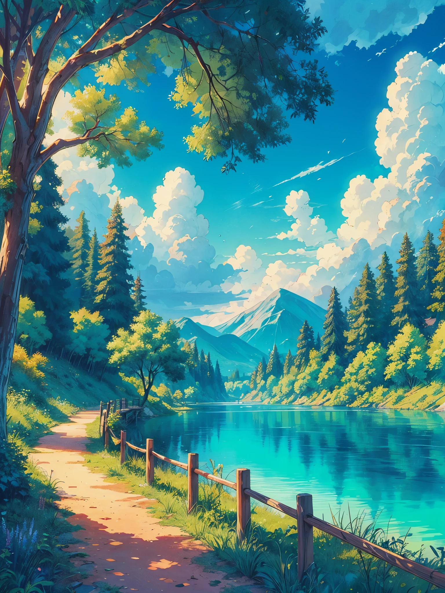 Draw a anime art of wide lofi scene of walking path in the woods beside a beautiful turquise lake, anime tones, beautiful cloudy sky, vibrant color tones, masterpiece, peaceful scene