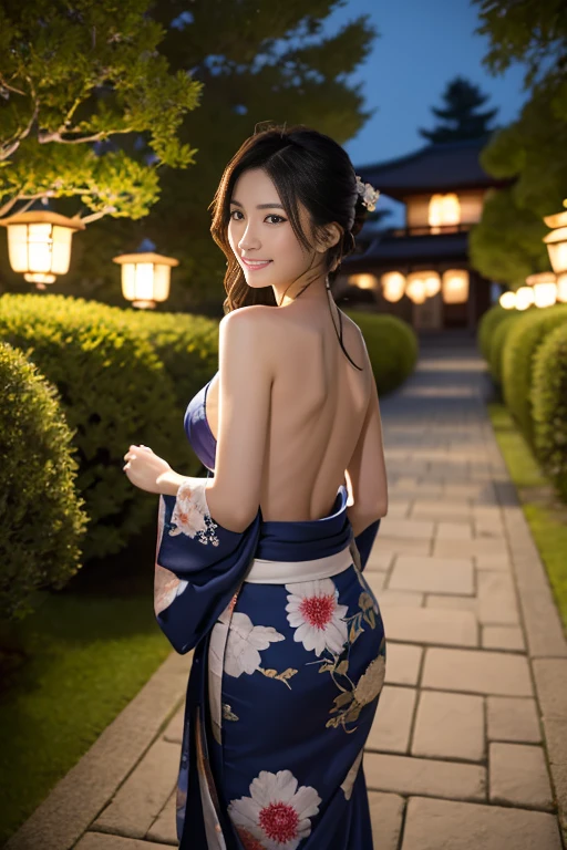 Under the mesmerizing moonlight, in a serene Japanese garden, a beautiful woman in a partially undone kimono reveals her elegant shoulders and back. Her demure yet seductive gaze is full of hidden secrets. As she gracefully strolls along the garden path, she occasionally pauses to offer a fleeting smile towards the moon. The soft illumination of traditional lanterns creates an enchanting atmosphere, while her loosely tied hair waves gently, adding to her elegance and allure.