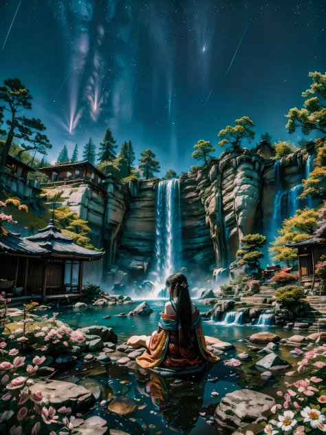 garota japonesa, jsando oriental trages doing meditation at the top of a waterfall. starry sky in the background. foto tirada a ...