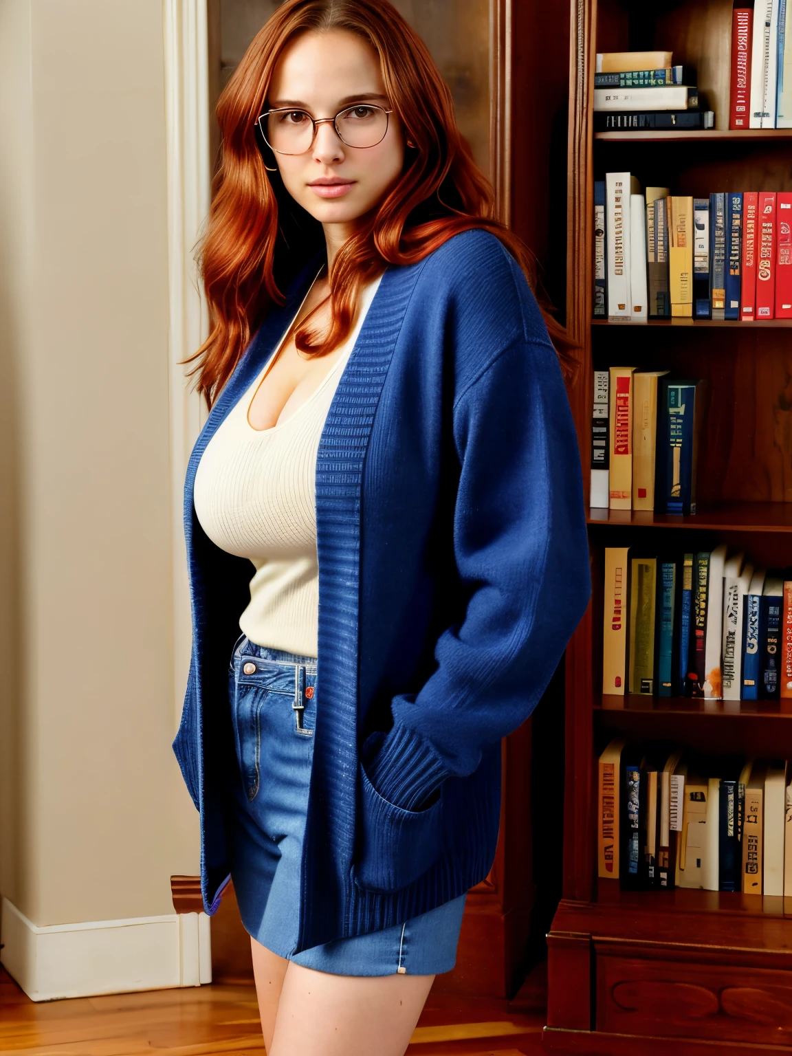 Arafed woman in glasses and a blue cardigan standing in front of a bookcase  - SeaArt AI