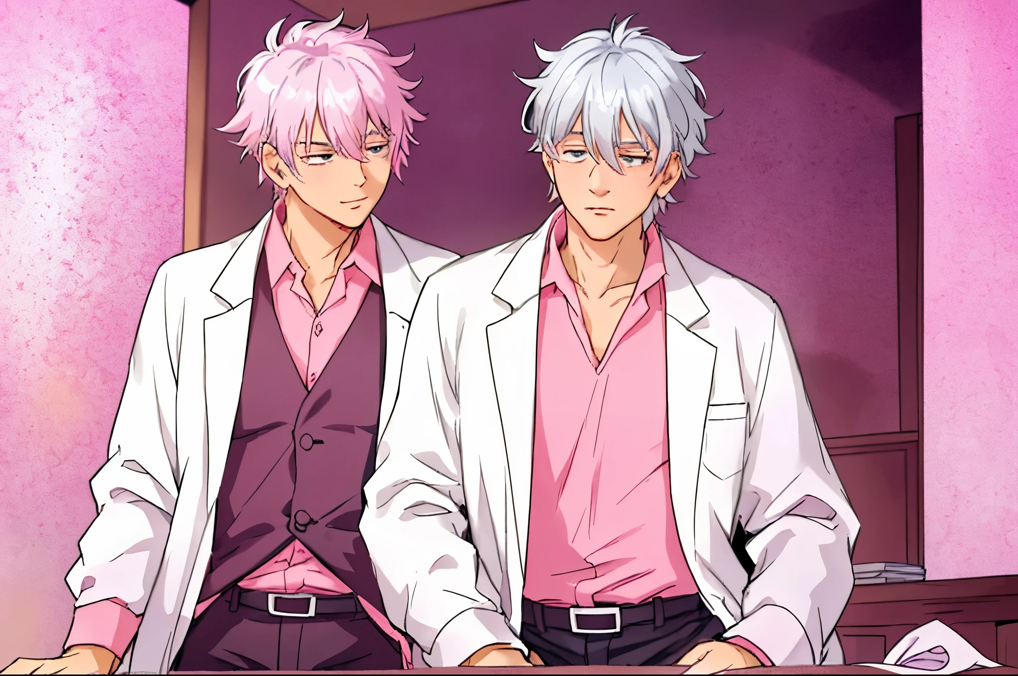 silver haired guy is whispering in the ears of another man, he is wearing a lab coat and a pink shirt, he is leaning toward another person while talking to him