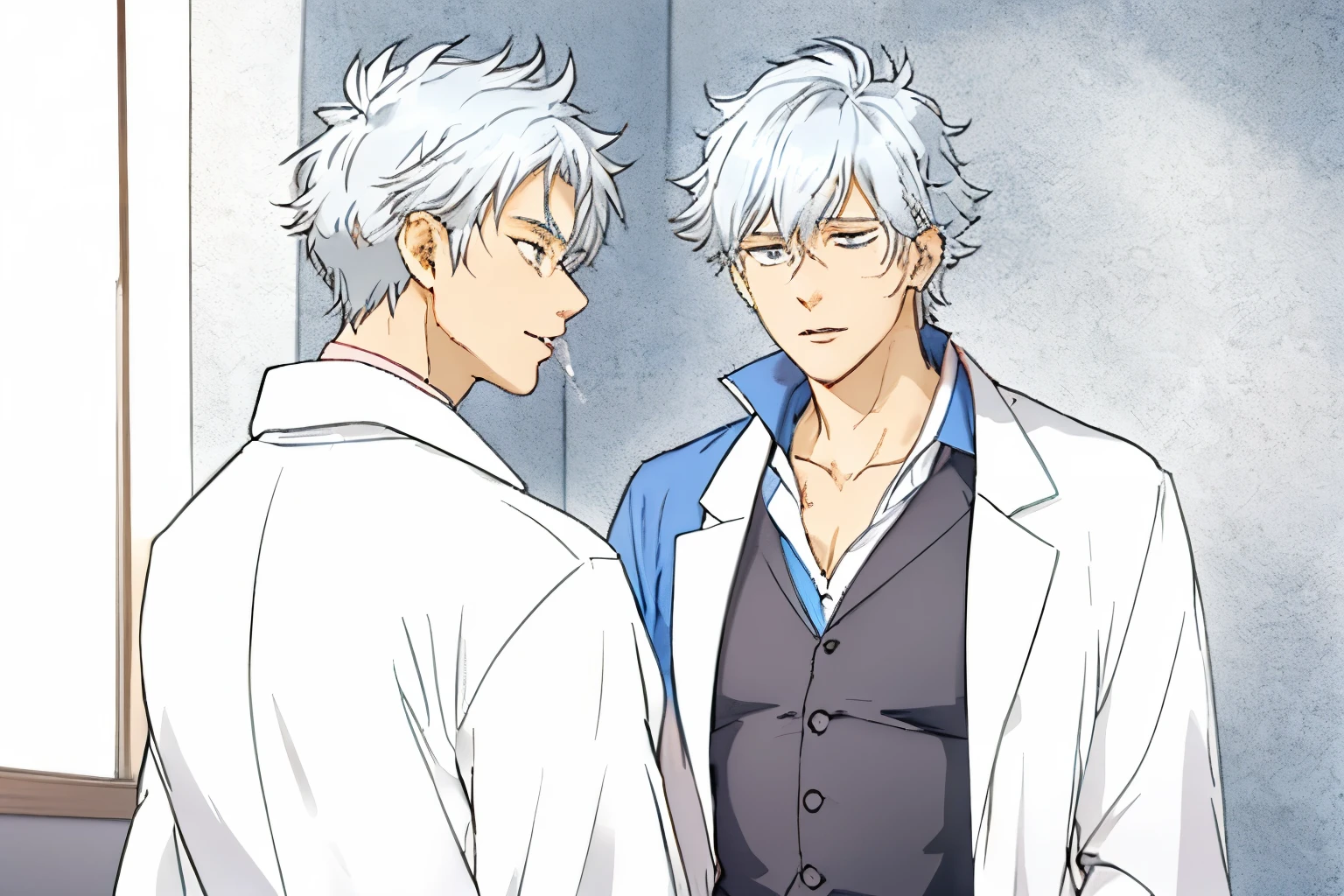 silver haired man with white lab coat is whispering to another man in his ears, his mouth is open as he talks to the other man