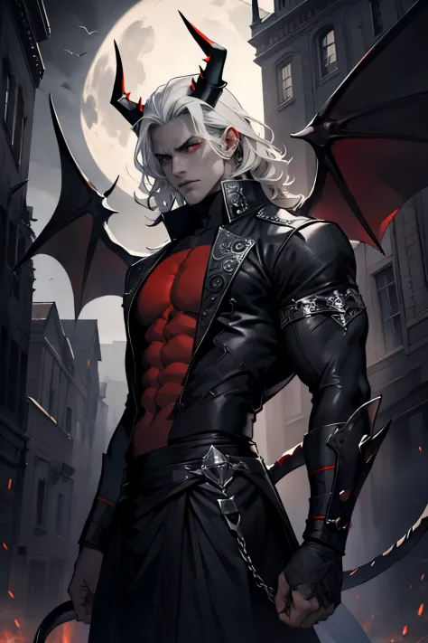 1 boy, Perfect male body, demon, Frown, night. A devil with horns and curls that grow out of his forehead, red eyes, Devil's Tail, Gray skin color, wings, Horror subject, Dark Fantasy, Depth of field, non-human, Finely detailed, Ultra-detailed,Eyes looking...