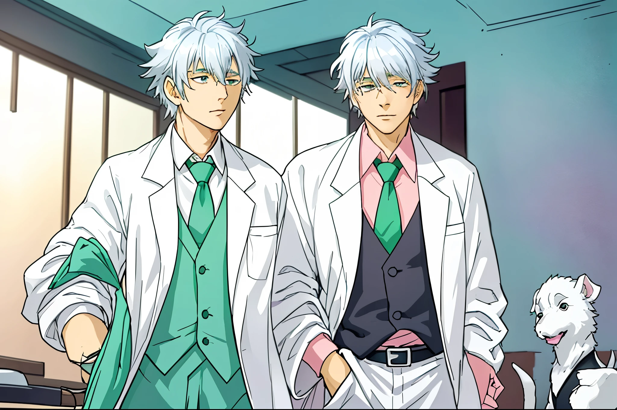 silver haired guy, white lab coat, green tie, pink shirt
