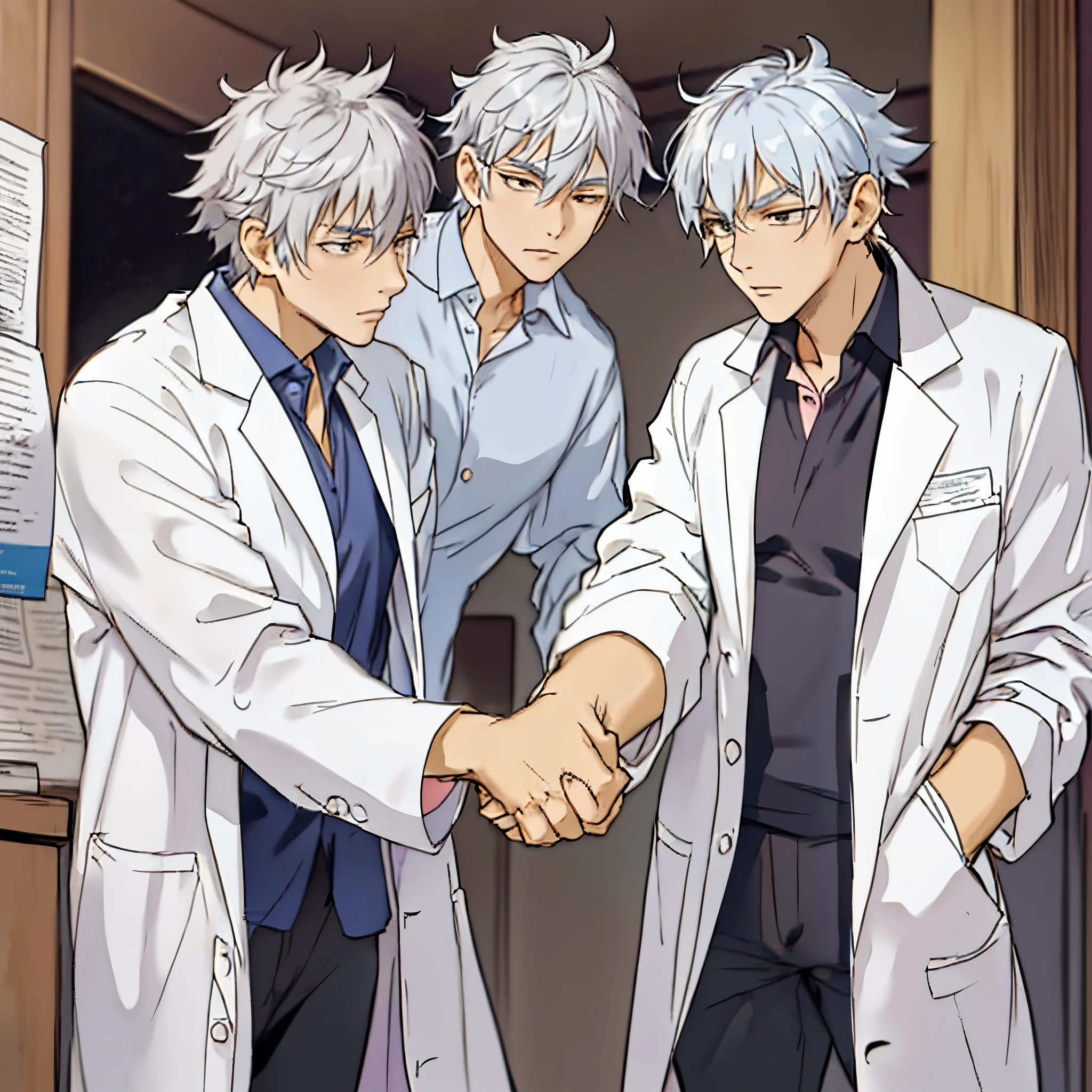 silver haired guy giving a paper to another man, he is stretching his arm to hand a paper to someone else, he is wearing a lab coat