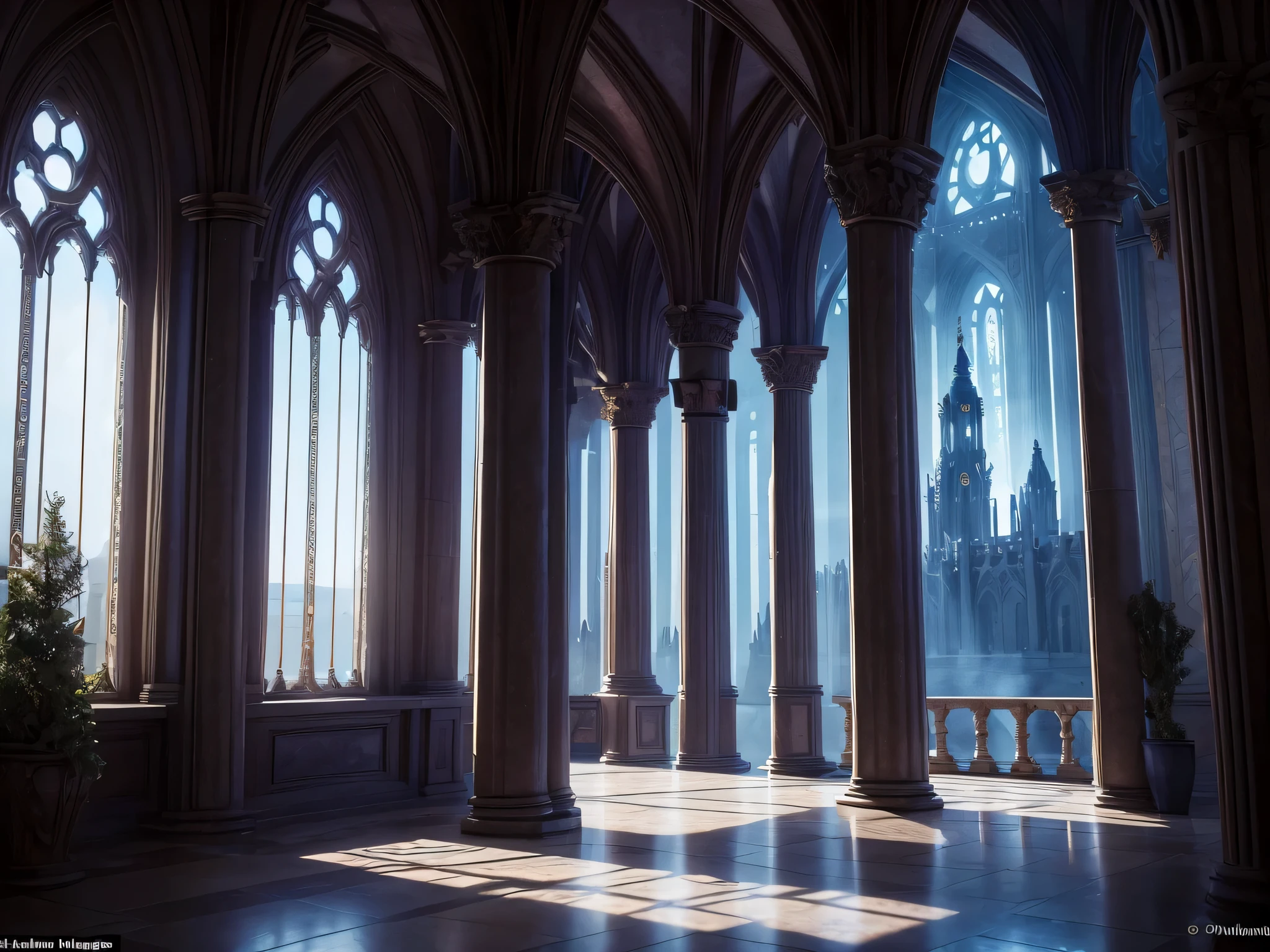 Create a Mystical Tower Interior Scene for RPG Front-View Combat. In this scene、must show the interior of the magnificent tower。, High ceiling and spacious, Arched window that lets in light. The walls should be decorated with ancient tapestries, Magic Symbols, and a shining candlestick. Include elements such as grand staircases and balconies overlooking the interior。, And perhaps there may be mystical relics or magical devices scattered around. The atmosphere must be mysterious and enchanting, With color palette including deep blue, Viola, and subtle gold accents, reflects the mystical nature of the tower. Lighting should have an atmosphere, Shadows and highlights add depth and mystery to the scene