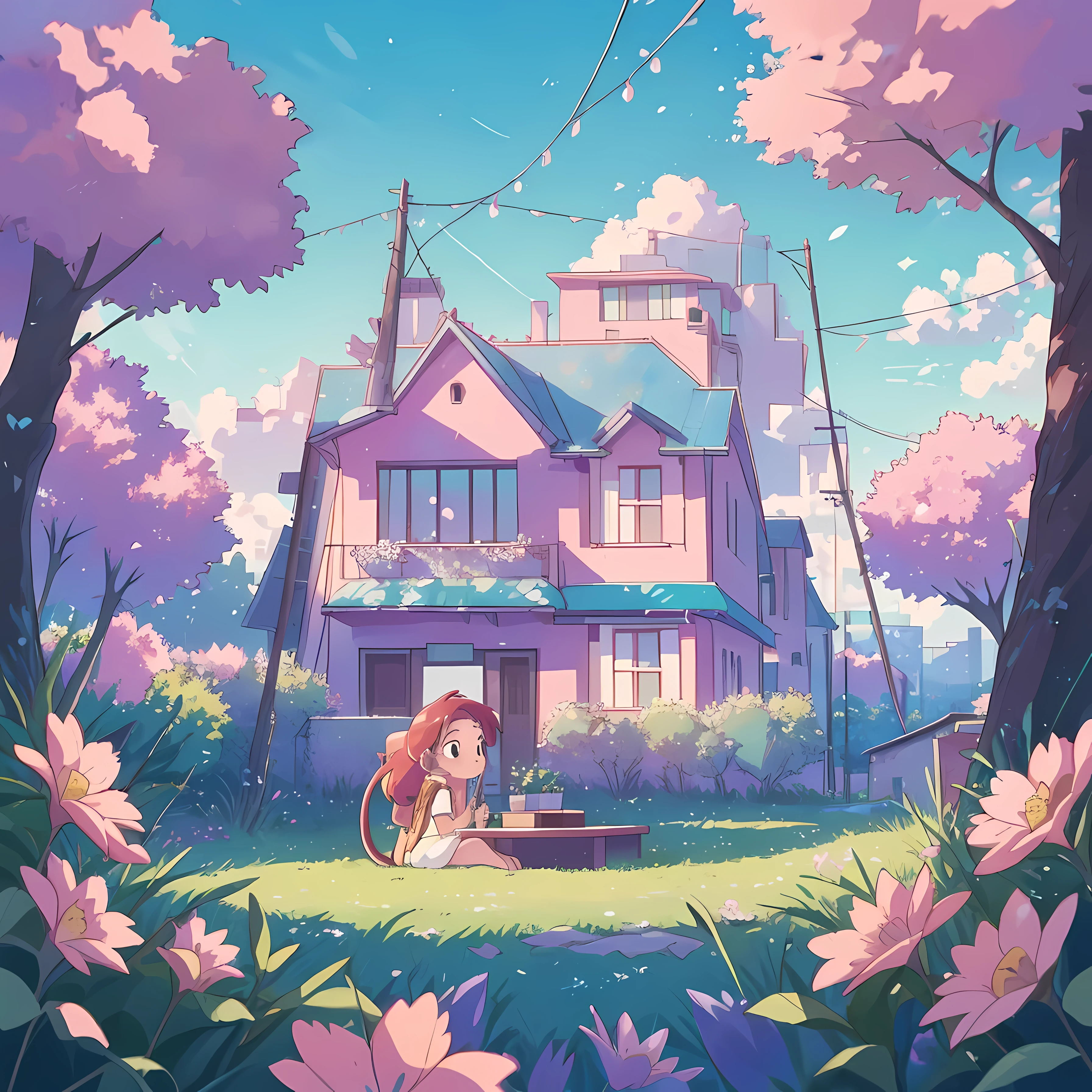 photographie, batiment universitaire animecity, Cable, pieton, arbre, fleur, At dawn, couleur pastel, style anime. Style Pixar. High quality. zero. Lo-fi. mignon. froid. relax.