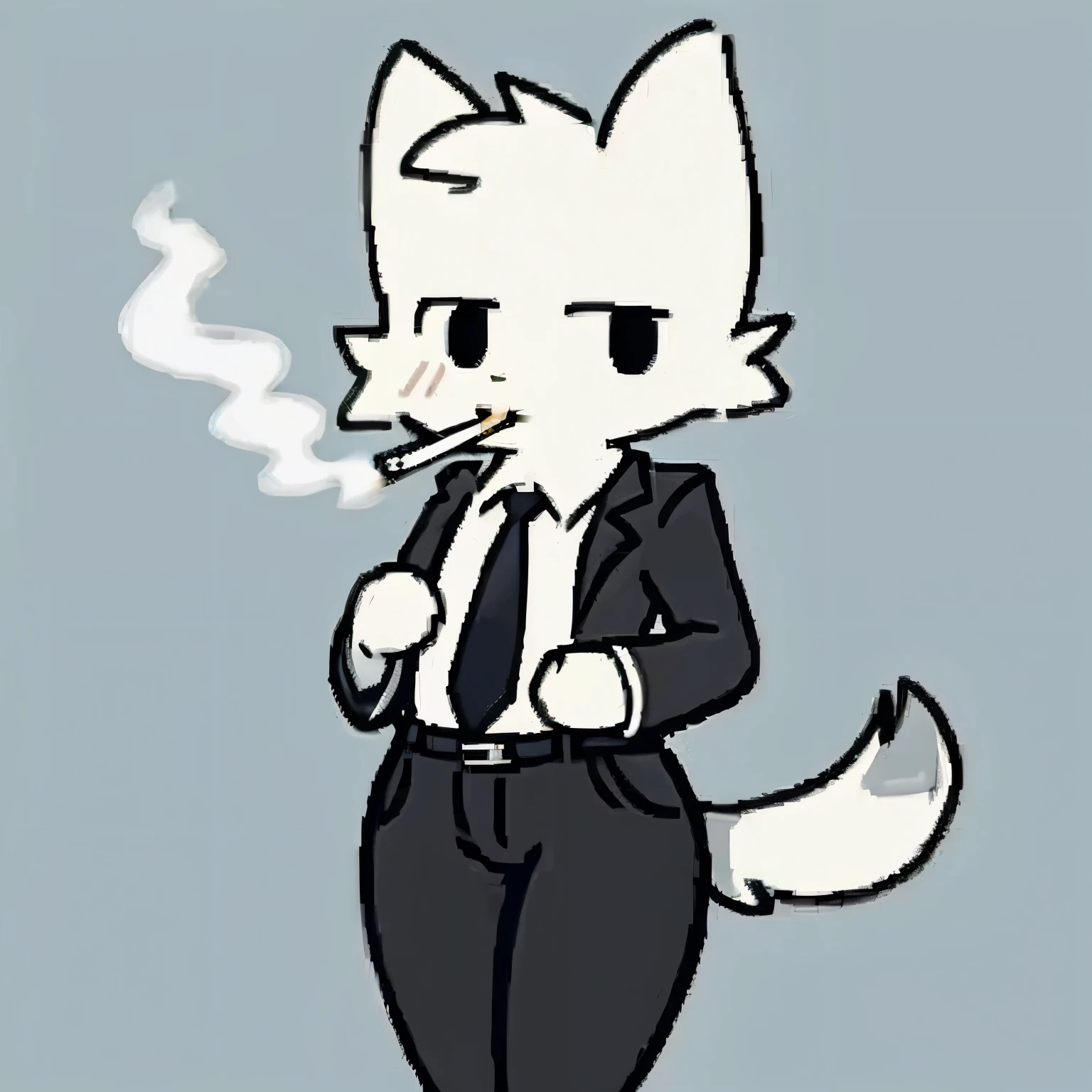 White fur, cat, anthro, furry, solo, simple art ,male chest,thin, hands behind on chest, black pants, black suit, office suit, ( wide hips:0.9), smoking a cigarette,cute