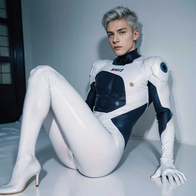 body suit, white and blue tight suit, sexy futuristic suit, white gauntlets, white gloves, white hands, skin tight bodysuit, toned male, teenager, young male, erotic bodysuit, futuristic, sci fi, hands seen, hair visible, solo male, full body seen, white hair, slim body, skinny thighs, beautiful face ,handsome , Watching Viewers True 4K light and shadow , eroticism ,puffy nipples, swollen nipples ,fat buttock , gluteal fold