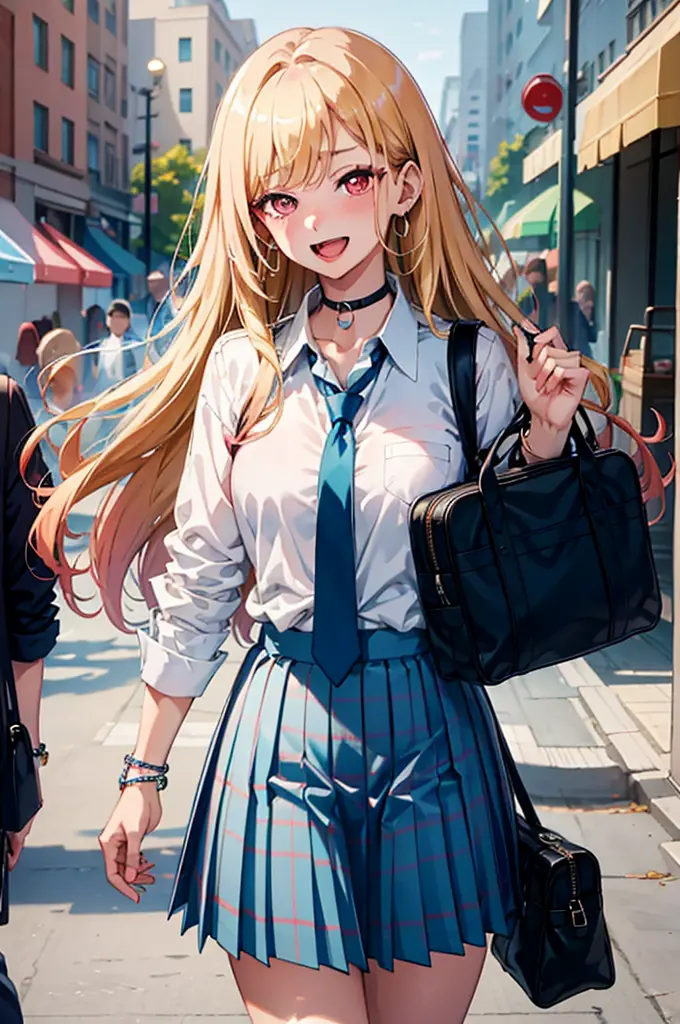 (((masterpiece))), MarinKitagawa, 1girl, long hair, looking at viewer, blush, smile, open mouth, skirt, blonde hair, large breas...