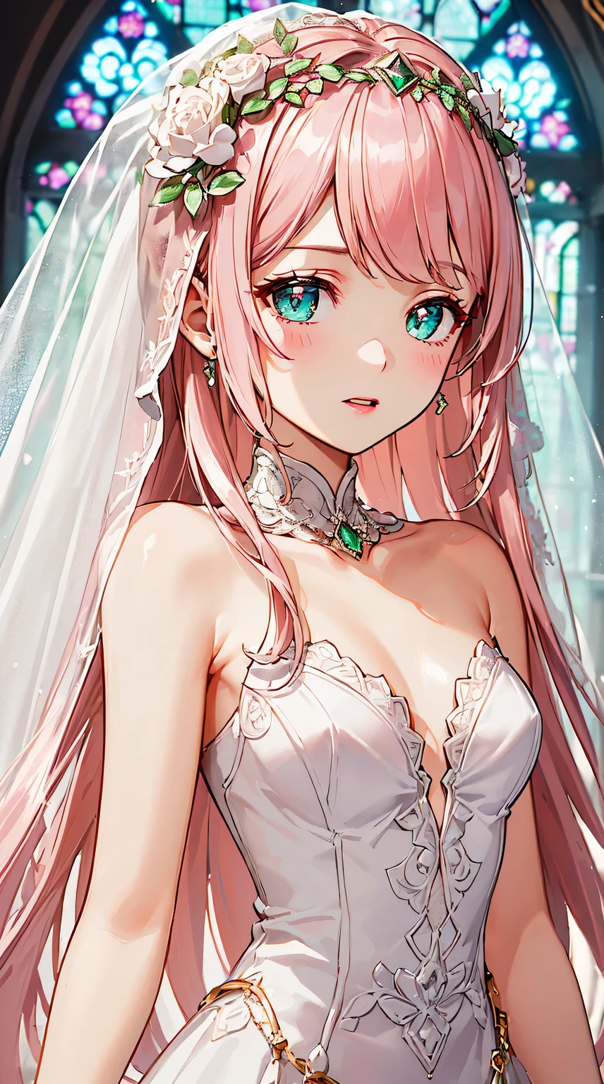 (((with pink hair,Emerald Eyes Beautiful Church:1.2,))))((beautiful big breasts and big breasts detailed wedding dress,Lace wedding dress,Bouquet,veils,))(the face红), (Geometric:1.1), ((1 girl,Amazing Cleavage,cute female child,Alone,Bust photo,))(tmasterpiece,Best quality at best, Beautiful big breasts and big breasts aesthetic:1.2),(16k,k hd,HRS),((A sagging breast,little breast)),(physically-based renderingt),Focus sharp, (((highdetailskin,))),Costume details are intricate，Delicate pupils,((((shinny hair|detailed头发|Half bangs|long whitr hair)))),(tmasterpiece侧光),(The sheen),(beautiful hairl,beatiful background),((exceedingly_detailed_The eye_big breasts and big breasts_the face)),Movie Girl,(dynamicposes: 1.2),outstanding