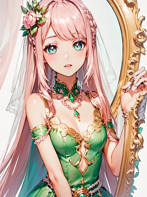 (((Pearl pink hair,Jade Eyeglasses:1.2)),((beautiful big breasts and big breasts detailed bridal gauntlets,Bouquet,veils,))(the ...