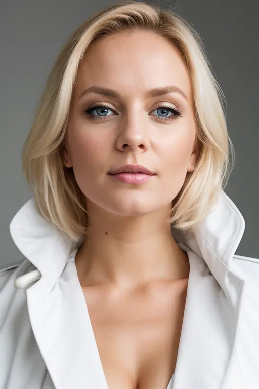 female doctor 31 years old Scandinavian glamor model in white coat, detailed eyes, eyelashes, forehead, short hair, blond hair, ...