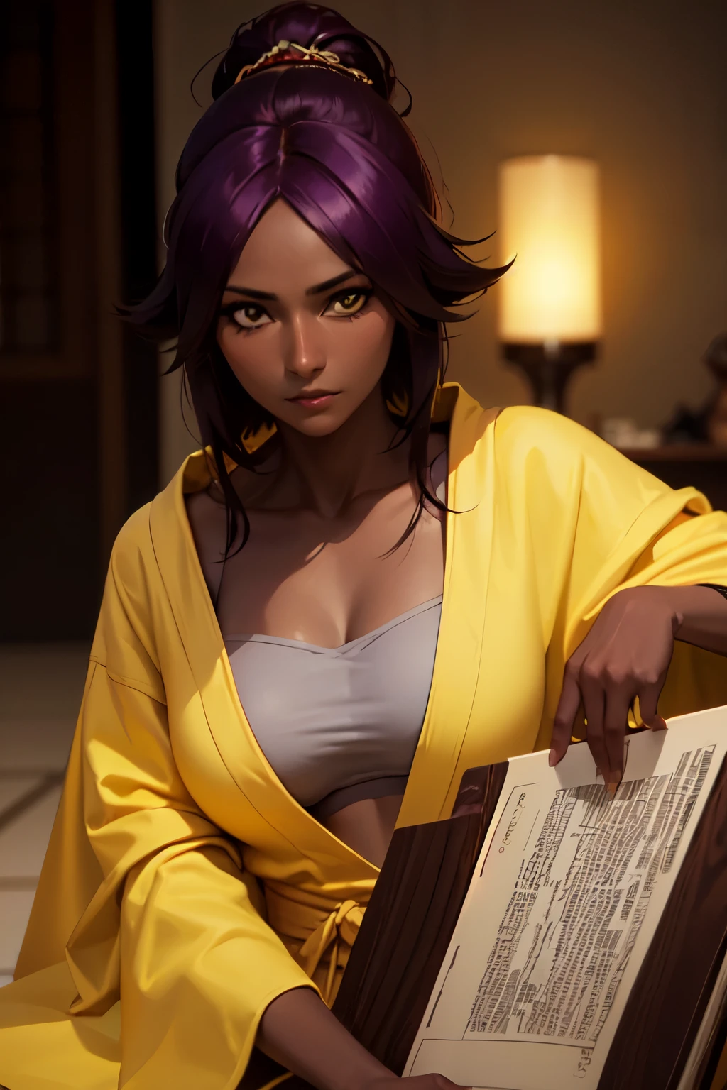 masterpiece,best quality,studio lighting,detailed lips, detailed nose, detailed eyes,perfect face, perfect nose,detailed hair,((cowboy shot)), realistic colors,yoruichi,purple hair,yellow eyes,(dark skin,dark-skinned girl:1.5),((yellow robe,yellow mantle,yellow cloak,mage)),smirk,mage tower,30-year-old,confident pose