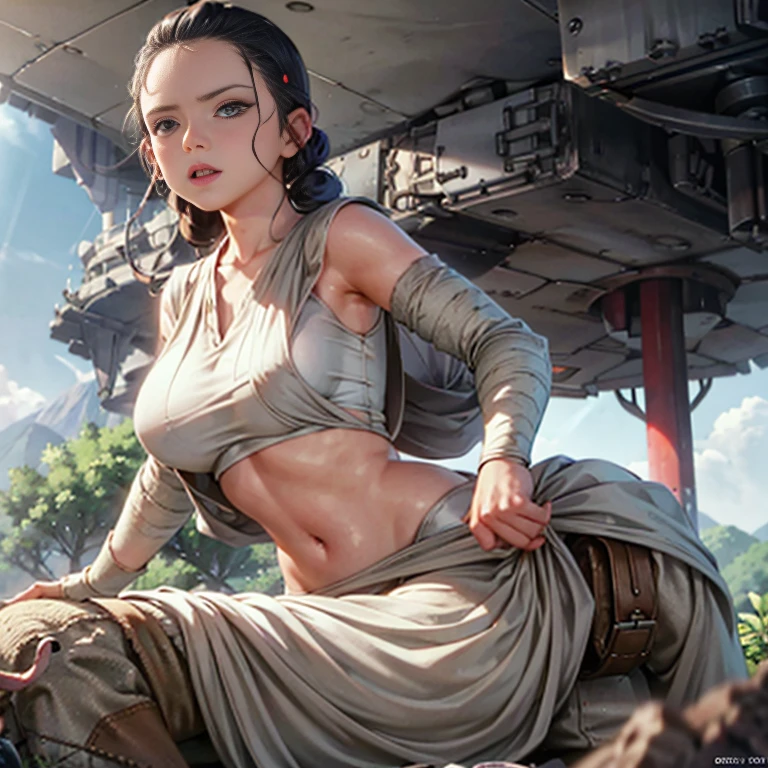 Rey star wars, ultra realistic, overflowing breasts, big thighs, torn clothes, huge breasts, hands on boobs, round butt, in a desert hut, tight clothes, mouth wide open, slim, focus butt, tongue, erect nipples, head over shoulder