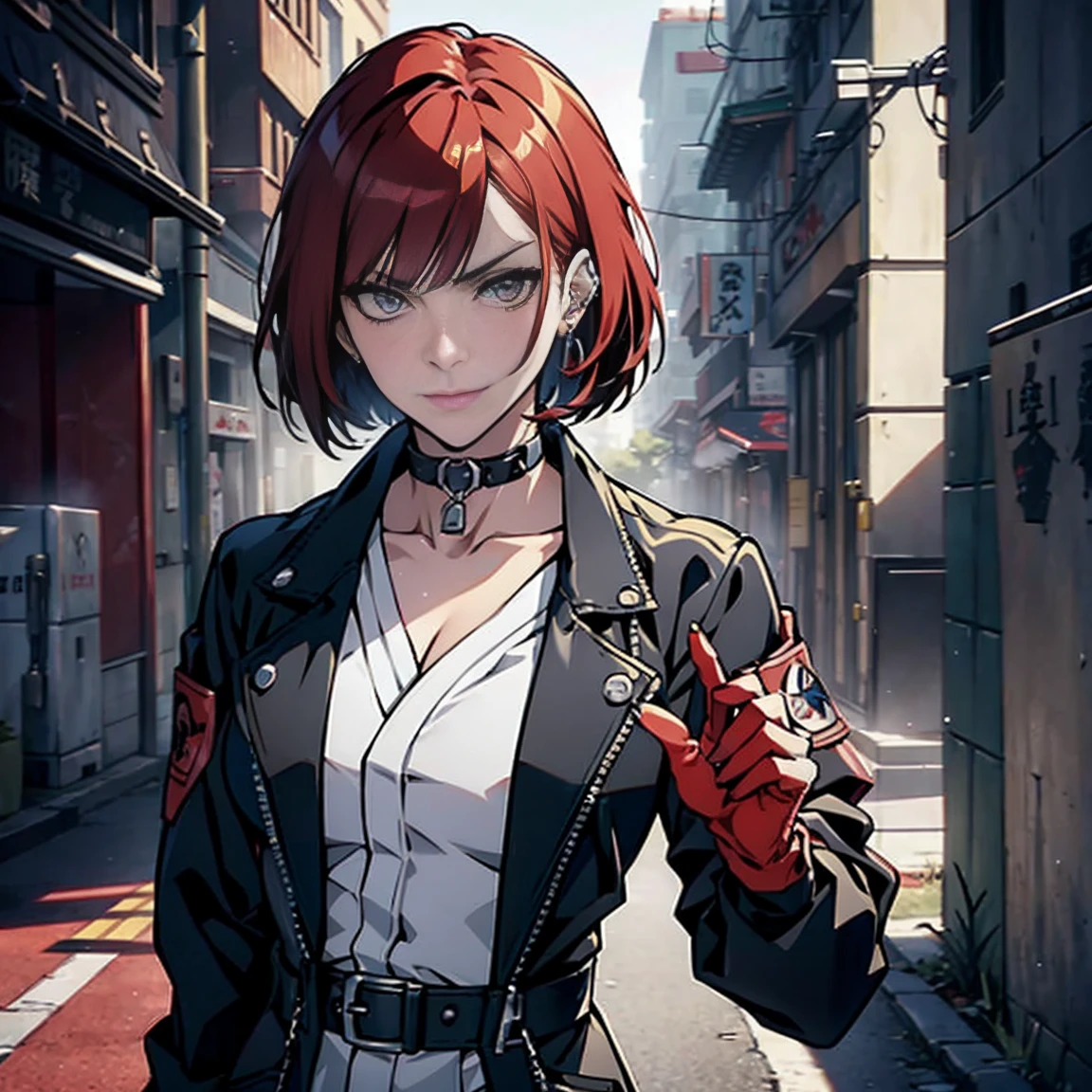 in the art style of persona5 and in the art style of street of rage 4, delinquent, (sukeban), mature_female, blush, mature, older woman, 2, Sukeban teacher outfit, (1girl, solo female, solo, solo focus)++++, choker, sukeban teacher, sukeban fighter, long_sleeves, open jacket, blue jacket,( jean)+++, light skin tone female, full body, jacket, biker jacket, tape, arm_support, gloves, red_gloves, bridal gauntlets, nail polish, boots, black_footwear, fighter outfit, full body, hourglass, mature face, cheeky smile, cheeky face, wrinkles, (red hair, short hair, bob cut, earrings, ear piercings), red eyeighting art, Martial arts, standing, fighting_stance, fight, fighting), extra colors, 2D, megapixel, perfectionism, accent lighting, full HD , (Masterpiece:1.2), (full-body-shot:1),(cowboy shot:1.2), (Highly detailed:1.2),(anime Detailed Face:1.2), Colorful, A detailed eye, (Detailed landscape:1.2), (natural lighting:1.2), ((sukeban school teacher)) by Vincent Di Fate: Aidyllery, Anamorphic Shot, rule of thirds, face by Artgerm and WLOP,