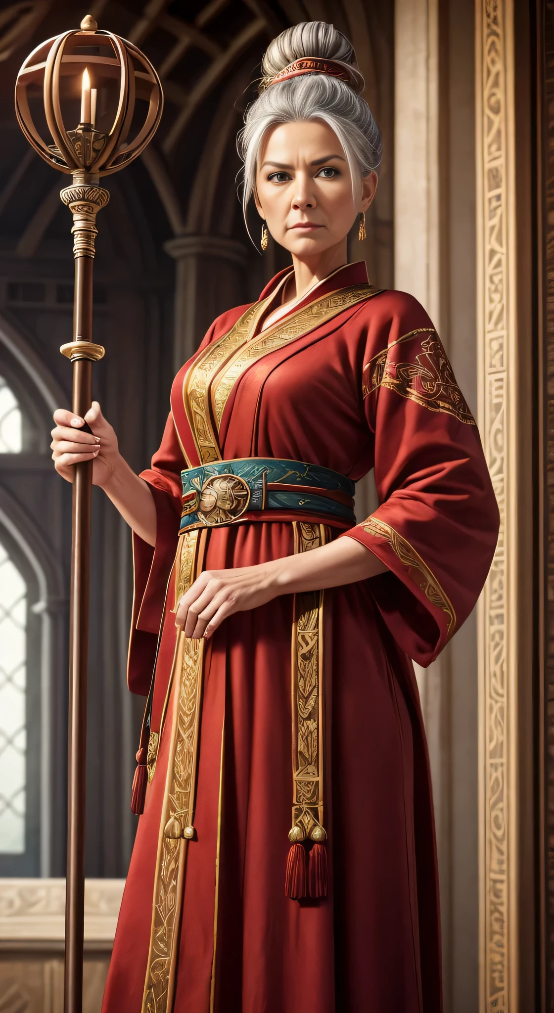 masterpiece, highest quality, RAW, analog style, a stunning photo of a (beautiful, slim, older woman), (graying hair bun), (red, traditional, conservative robes of a mage), (staff of a mage:1.4), (in the tower), (highly detailed skin, skin details), full body view, sharp focus, 8k UHD, DSLR, high quality, film grain, Fujifilm XT3, frowning, intricately detailed, highly detailed, cluttered and detailed background