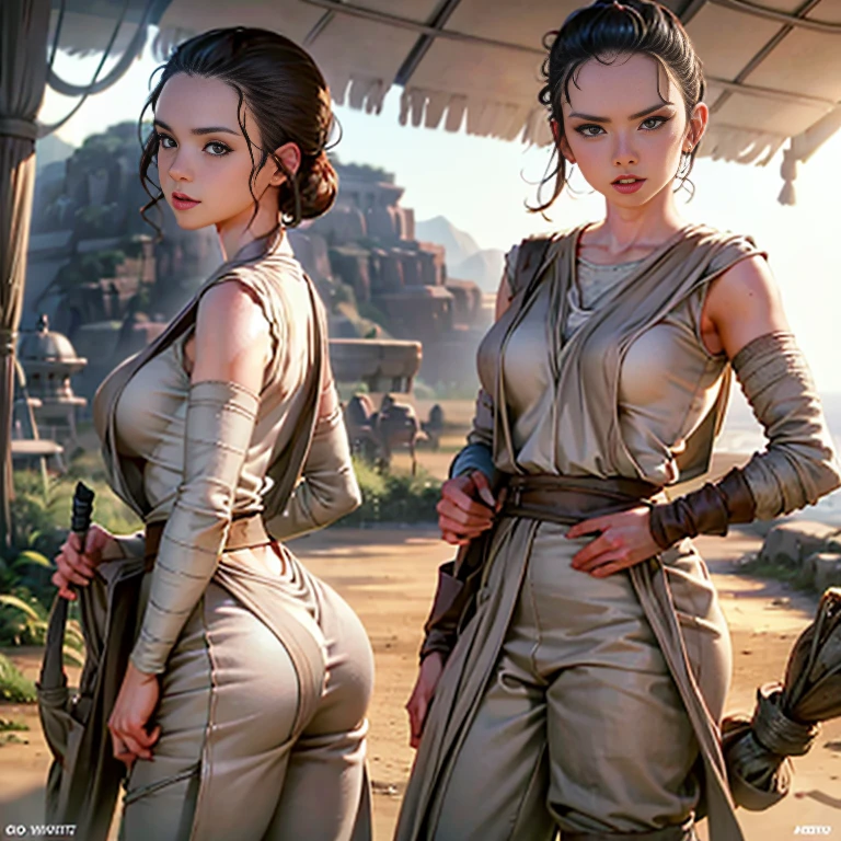 Rey star wars, ultra realistic, overflowing breasts, big thighs, torn clothes, huge breasts, hands on boobs, round butt, in a desert hut, tight clothes, mouth wide open, slim, focus butt, tongue, erect nipples, head facing ass, arched back