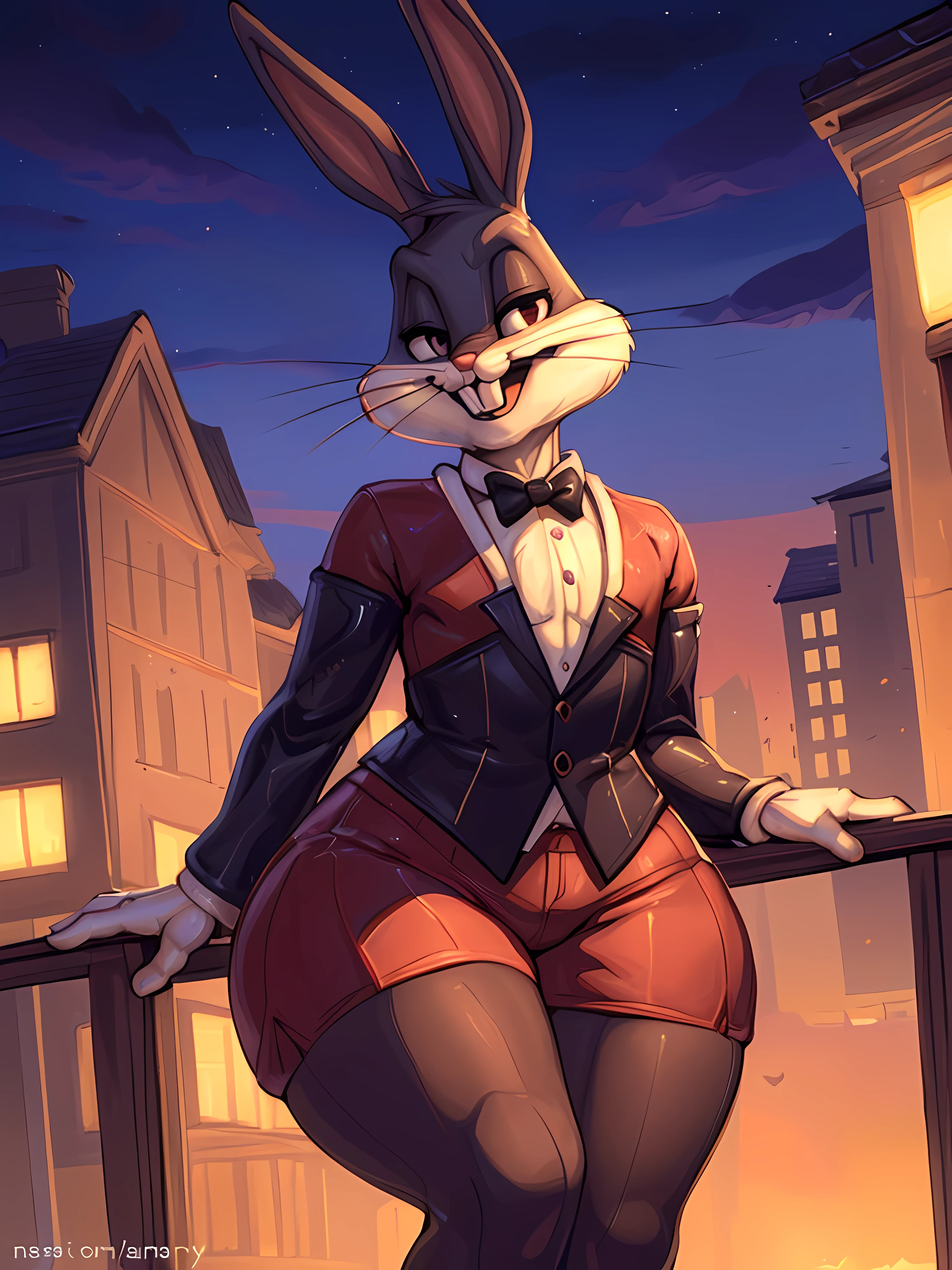 A cartoon rabbit dressed in a suit and bow tie standing on a railing -  SeaArt AI