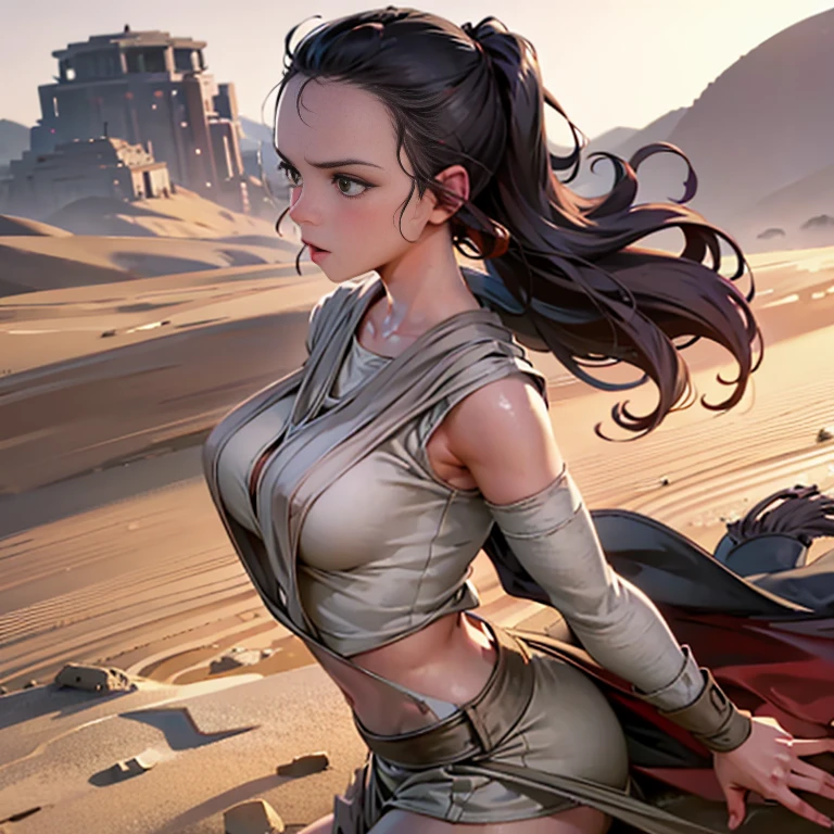 Rey star wars,desert background, overflowing breasts, big thighs, torn clothes, huge breasts, hands on boobs, round butt, in a desert hut, tight clothes, mouth wide open, slim, focus butt, tongue, erect nipples, head facing ass, arched back