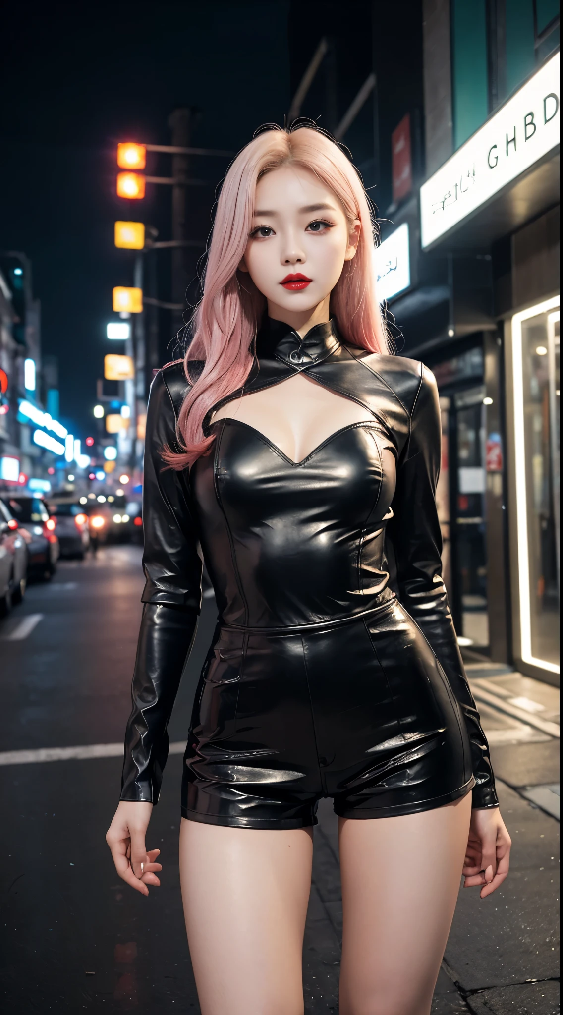 Beautiful Girl, Korean makeup, Red lips, Platinum hair, thigh, medium chest, medium body, thigh, áo toptube, Tight shorts, ((( leather costumes ))), streetscape, Dark night, bảng hiệu, LED Lights, phương tiện,