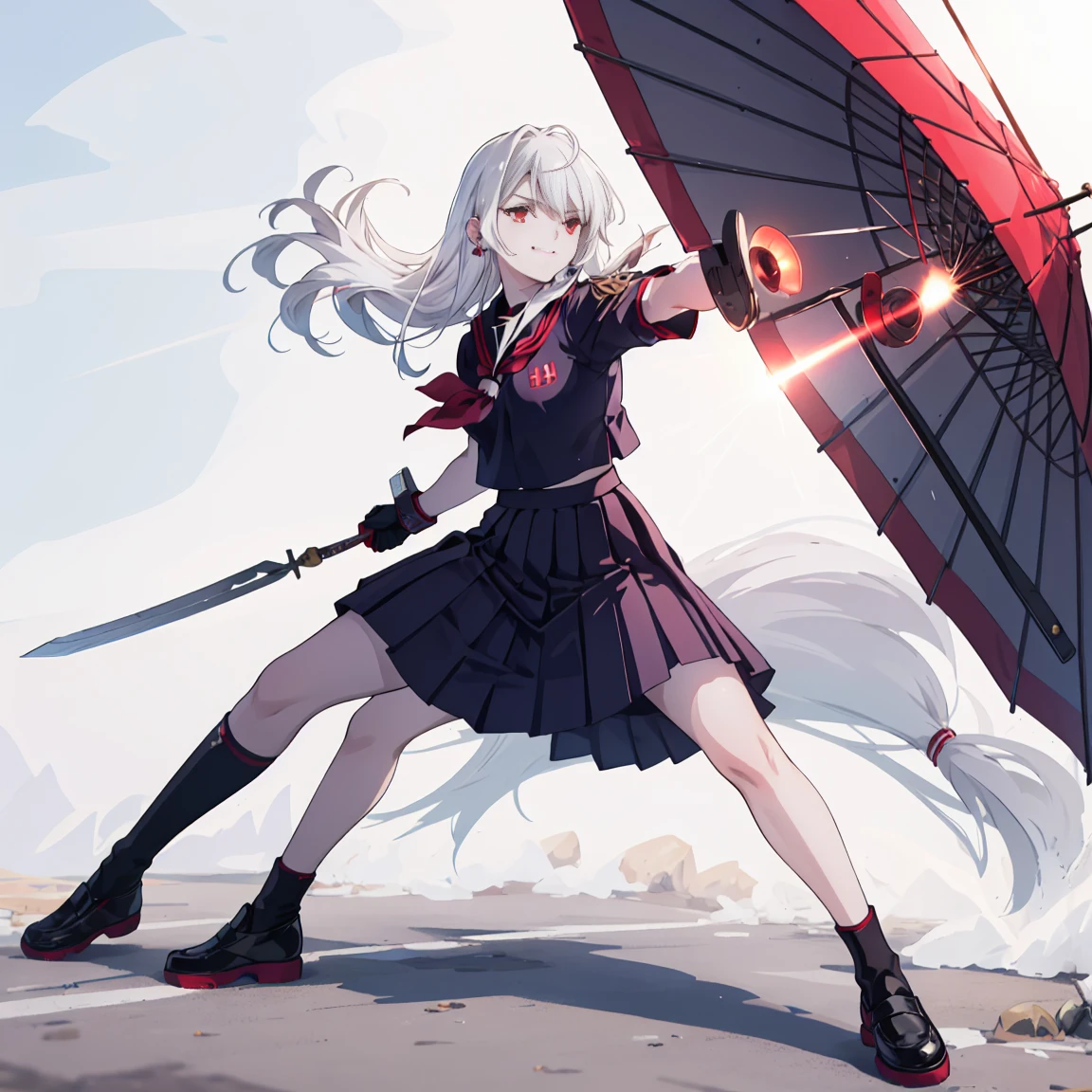 sukeban illyasviel_von_einzbern, mature_female, silver hair, holding yoyo, combat pose, full body, flowing hair, hair between the eyes, asymmetrical hair, red eyes, delicate facial features, sukeban deka clothe, looking_at_viewer, outdoors, background tokyo, ((solo, solo focus, solo girl,1girl))+++++,woman in a 80's sukeban seifuku standing on a set of strees, black school uniform, 80's japanese sukeban photo, sukeban seifuku,  80's japan, sukeban, long black skirt, red converse, full body, light skin tone female, full body, tape, arm_support, gloves, red_gloves, bridal gauntlets, blackred_footwear, fighter outfit, full body, hourglass, mature face, cheeky smile, cheeky face, wrinkles,( silver long hair, earrings, ear piercings), realistic, (fighting art, Martial arts, standing, fighting_stance, fight, fighting), extra colors, 2D, megapixel, perfectionism, accent lighting, full HD , 4K, masterpiece, empty red eyes