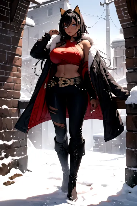 masterpiece,best quality,studio lighting,dehya, dark skin,seductive pose, glowing eyes, perfect face, perfect hands, detailed lips, detailed nose, detailed eyes, (huge breasts), cowboy shot,(((dark skin))),cat ears,winter clothes, long red winter coat,pant...