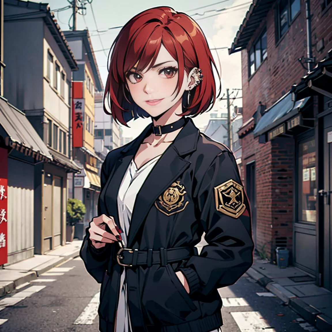 in the art style of persona5 and in the art style of street of rage 4, delinquent, (sukeban), mature_female, blush, mature, older woman, 2, Sukeban teacher outfit, (1girl, solo female, solo, solo focus)++++, choker, sukeban teacher, sukeban fighter, long_sleeves, open jacket, blue jacket,( jean)+++, light skin tone female, (full body)+++++, jacket, biker jacket, tape, arm_support, gloves, red_gloves, bridal gauntlets, nail polish, boots, black_footwear, fighter outfit, full body, hourglass, mature face, cheeky smile, cheeky face, wrinkles, (red hair, short hair, bob cut, earrings, ear piercings), red eyeighting art, Martial arts, standing, fighting_stance, fight, fighting), extra colors, 2D, megapixel, perfectionism, accent lighting, full HD , (Masterpiece:1.2), (full-body-shot:1),(cowboy shot:1.2), (Highly detailed:1.2),(anime Detailed Face:1.2), Colorful, A detailed eye, (Detailed landscape:1.2), (natural lighting:1.2), ((sukeban school teacher)) by Vincent Di Fate: Aidyllery, Anamorphic Shot, rule of thirds, face by Artgerm and WLOP,