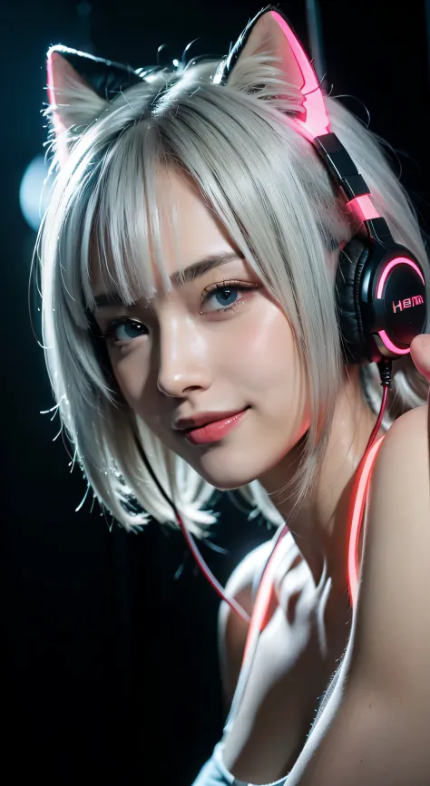 Silver hair, multicolored eyes, headphones, Seductive smile, Modern, Op art, vignetted, Red fluorescent side light details，Ray t...