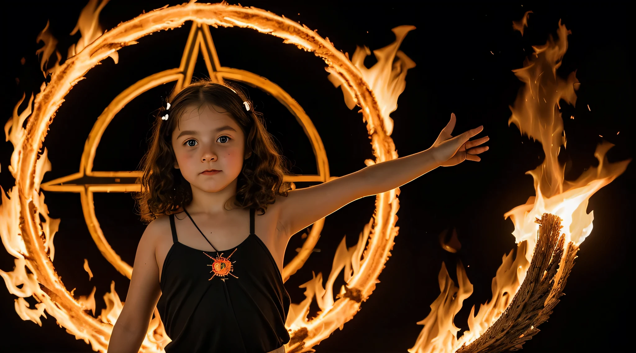 Menina loira de 10 anos, Russian child , fechar para cima, retrato, com longos cabelos loiros, em um CISNE NEGRO, The flames are burning in a circle shape, ardente, icon with a halo of fire, anel de fogo, bola de fogo, NUCLEAR QUIMICAL