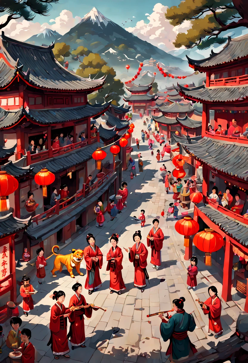 A beautifully illustrated Chinese New Year scroll painting depicting a lively festival scene in a traditional Asian village. Intricate details fill the image with red lanterns, firecrackers, lion dancers, drums, food stalls with steamers and woks, children playing with sparklers and toys. The foreground shows a family in hanfu celebrating together. The background contains traditional architecture, pine trees, and mountains. Digital painting in the style of classical Chinese brushwork.