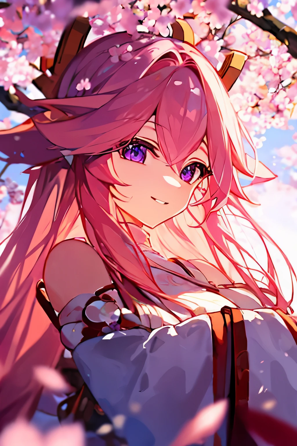 masterpiece, +++, top quality, soft light, portrait, long pink hair, hair between eyes, locks, kitsune, white shirt, detached oversized sleeves, bare shoulders, purple eyes, smiling, scenery, blue sky, sakura trees, blurry background