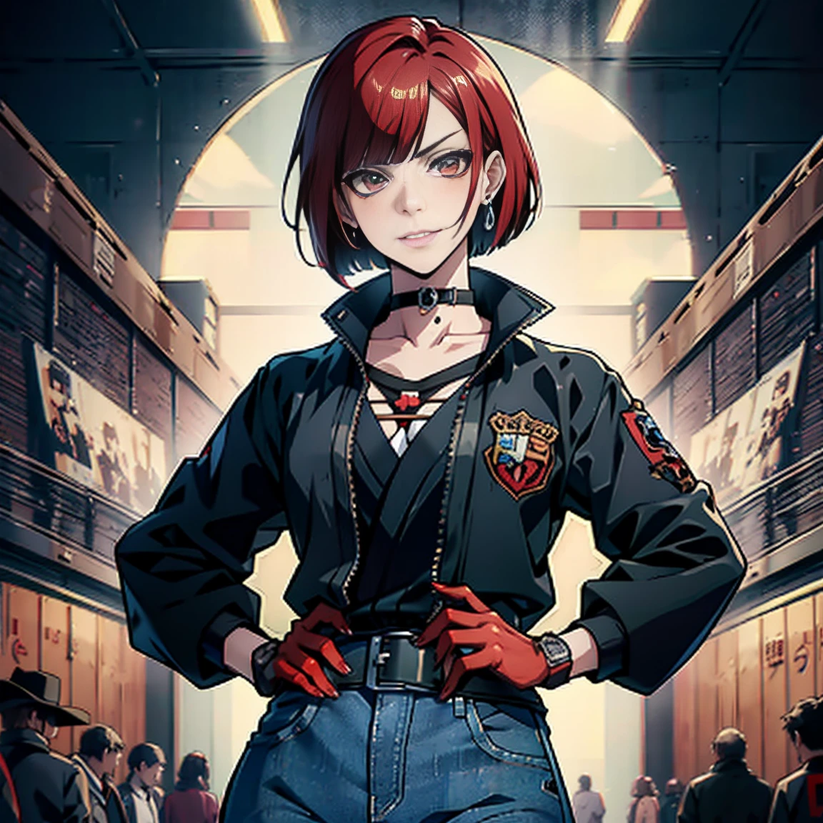 in the art style of persona5 and in the art style of street of rage 4, delinquent, (sukeban), mature_female, blush, mature, older woman, 2, Sukeban teacher outfit, (1girl, solo female, solo, solo focus)++++, choker, sukeban teacher, sukeban fighter, long_sleeves, open jacket, blue jacket,( jean)+++, light skin tone female, (full body)+++++, jacket, biker jacket, tape, arm_support, gloves, red_gloves, bridal gauntlets, nail polish, boots, black_footwear, fighter outfit, full body, hourglass, mature face, cheeky smile, cheeky face, wrinkles, (red hair, short hair, bob cut, earrings, ear piercings), red eyeighting art, Martial arts, standing, fighting_stance, fight, fighting), extra colors, 2D, megapixel, perfectionism, accent lighting, full HD , (Masterpiece:1.2), (full-body-shot:1),(cowboy shot:1.2), (Highly detailed:1.2),(anime Detailed Face:1.2), Colorful, A detailed eye, (Detailed landscape:1.2), (natural lighting:1.2), ((sukeban school teacher)) by Vincent Di Fate: Aidyllery, Anamorphic Shot, rule of thirds, face by Artgerm and WLOP,