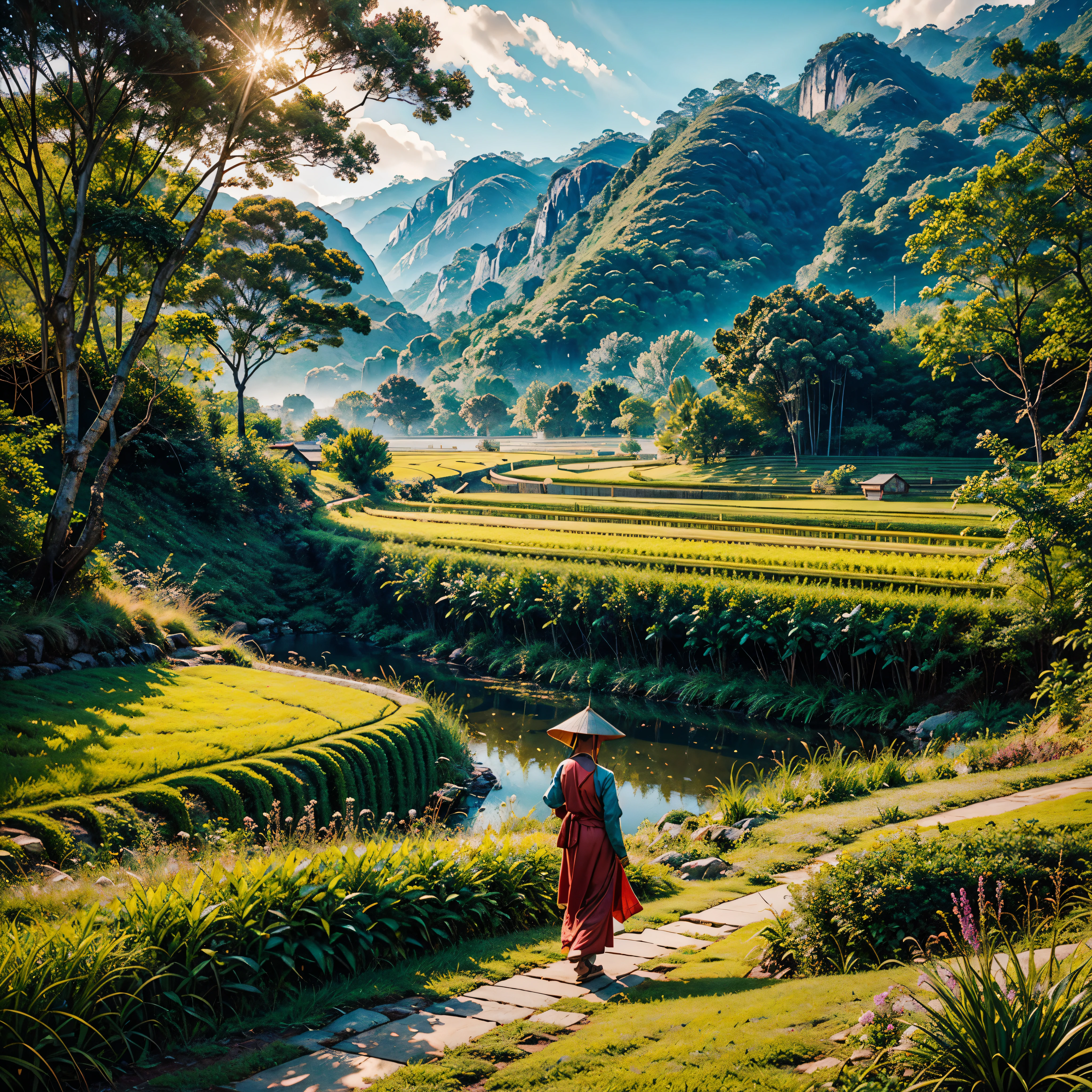 Sunshine Stunning sunrise, vibrant vivid colors-coded,deep path equirectangular farm life, ultra masterpiece meticulously intricate ultra_high-details ultra_high-def ultra_high-res ultra_high-quality optimal ultra_sharpness ultra_photo-realistic focus perfection accurate UHD XT3 DSLR HDR Octane_render Unrealengine5 volumetric SunLight scenic Southeast Asia stairs field,farmer working diligently,traditional Vietnamese farmer attire,natural sunlight illuminating the scene,colorful chickens happily pecking the ground,authentic Vietnamese rural setting,lush green rice terraces stretching into the distance,serene and picturesque landscape,peaceful and harmonious atmosphere,farmer's hardworking spirit,traditional farming techniques passed down through generations,cultural richness and heritage of Vietnam,meticulously detailed steps of the stairs field,subtle texture of the terraced fields,layered composition of the agricultural landscape,charming and idyllic countryside scene,immersive view of the rustic scenery, cultural context of Southeast Asia,Vietnamese craftsmanship and agricultural traditions shining through,authentic portrayal of the farmer's daily life,diligent caretaker of the land,stunning visual storytelling,emotionally captivating artwork,mesmerizing perspective capturing the essence of the moment,awe-inspiring depiction of the Southeast Asian farming community,inspiring and thought-provoking artwork,immersive and evocative piece of Southeast Asian art,exquisite attention to detail,showcasing the natural beauty and simplicity of rural life,meticulous craftsmanship and precision in each brushstroke,compelling narrative that sparks curiosity and imagination,stunning play of light and shadow across the scenery,evoking a sense of tranquility and serenity,embodying the timeless beauty of Southeast Asia's agricultural landscapes,inviting viewers to experience the charm and authenticity of Vietnam's countryside varies ❤ multi etc. --s 1000 --c 20 --q 20 --chaos 100