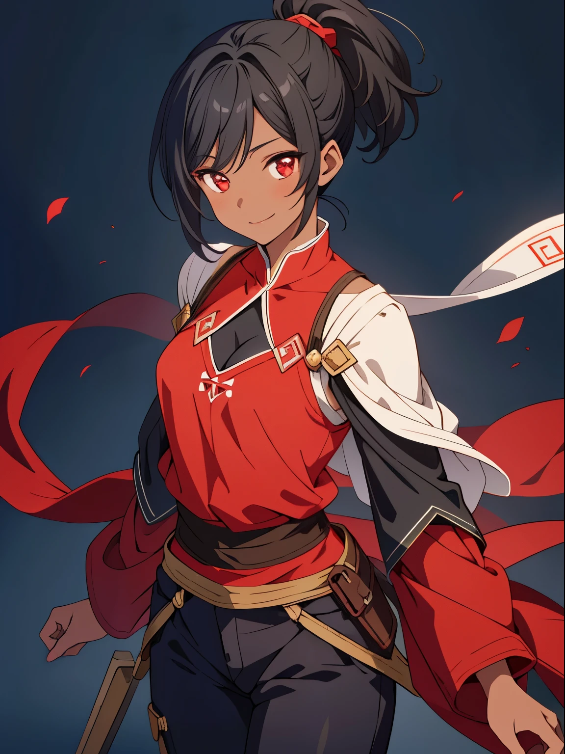 dreamy, (masterpiece), best quality, 1girl, Black short hair, amazing, beautiful detailed eyes, red eyes, fine details, depth of field, extremely detailed CG, ((Black skin)), Medieval pants, Red sleeves, black blouse with red details, small breasts, muscular girl, korra, dark skin, dark-skinned female, ponytail, hair tubes, short hair, perfect anatomy, perfect hands, 1girl, solo,(high detailed skin:1.2), beautiful (skinny:0.8), (black skin:0.2), medieval background , smiling, Stop