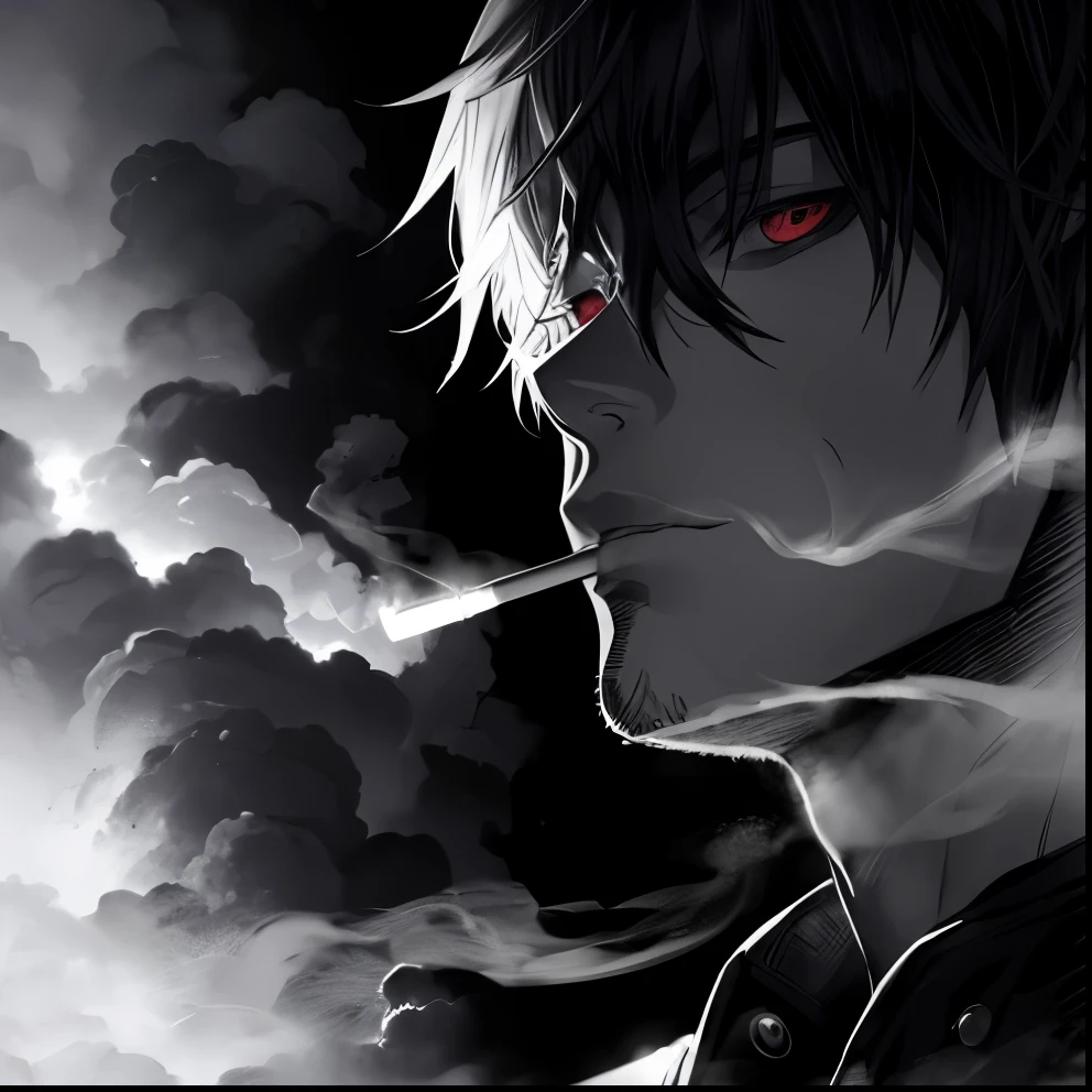 Villain, anime, a man smoking a cigarette in a dark room, black and white  manga style, he is smoking a cigarette - SeaArt AI