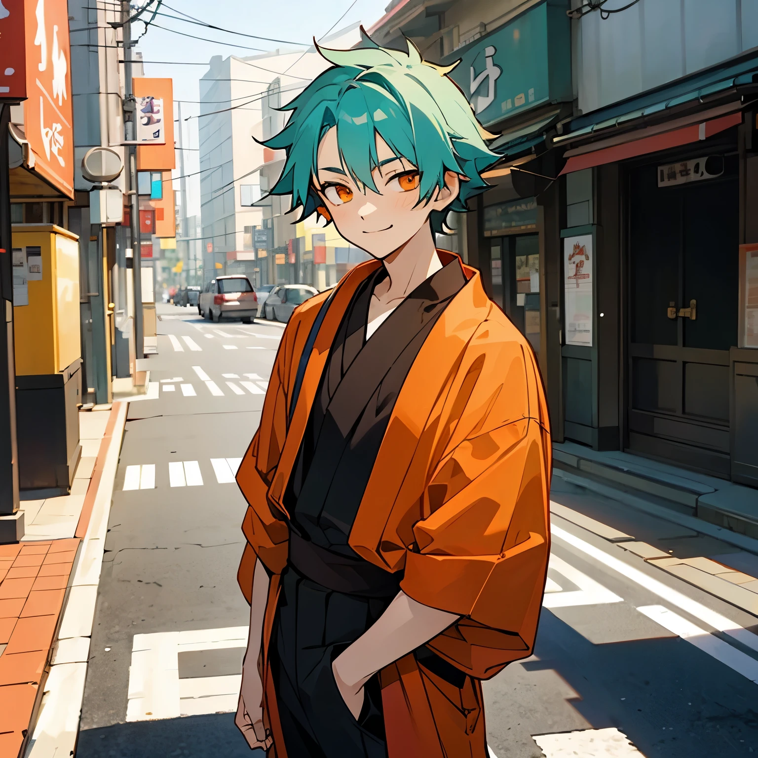 1 boy, Turquoise hair, orange eyes, red cloth, handsome, 15 years old kid, orange eye liner, smiling, standing in a beautiful street, Tokyo streets