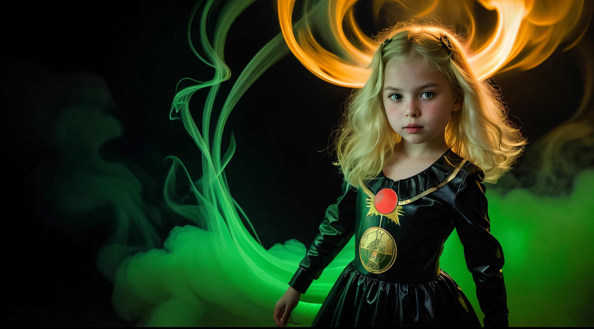  10 year old BLONDE, Russian  BLONDE , close up, portraite, with long blonde hair, in a BLACK SWAN, The flames are burning in a circle shape, a, NUCLEAR QUIMICAL NUCLEAR, green smoke, SMOKE GREEN SMOKE.