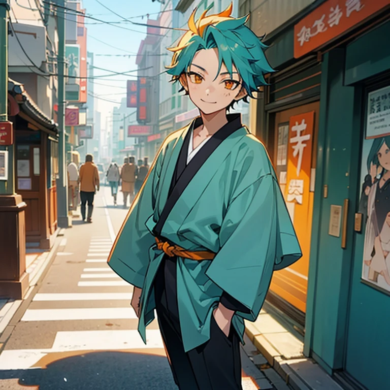 1 boy, Turquoise hair, orange eyes, casual cloth, handsome, 15 years old kid, orange eye liner, smiling, standing in a beautiful street, Tokyo streets