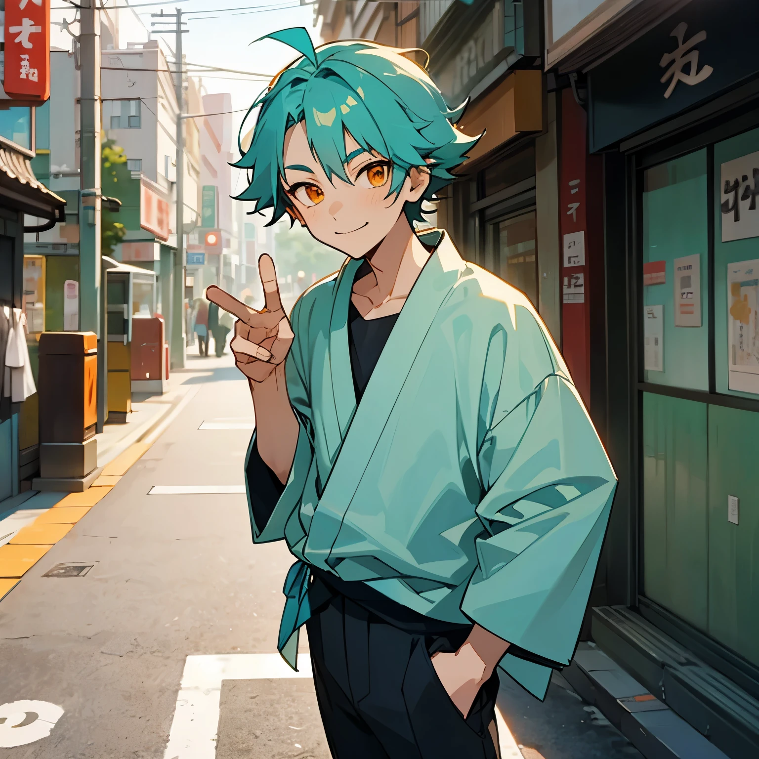 1 boy, Turquoise hair, orange eyes, casual cloth, handsome, 15 years old kid, orange eye liner, smiling, standing in a beautiful street, Tokyo streets