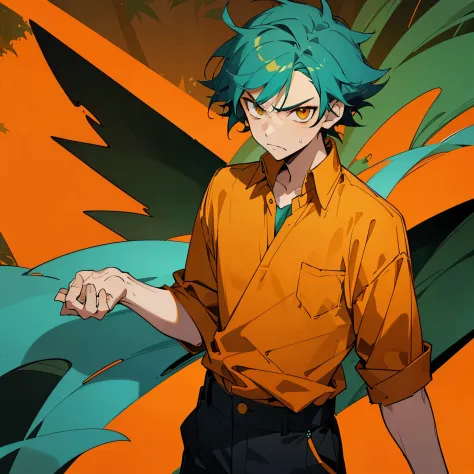 1 boy, Turquoise hair, orange eyes,  green shirt, black pants, handsome, 15 years old kid, orange eye liner, annoyed, forest background