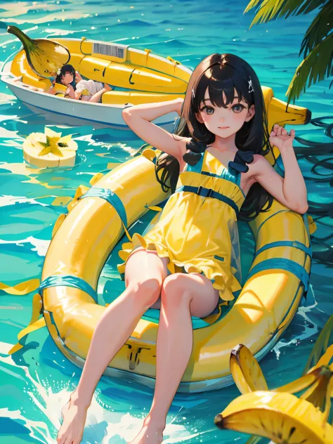 Banana boat ride，(​masterpiece，Highest Quality），child，(A dark-haired)，Delicate body