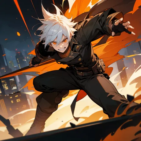masterpiece, 1boy, white hair, coat, fingerless gloves, belt, city, detailed eyes, fire, destruction, grin, orange eyes, angry eyes, looking ahead, muscles, movie composition, bokeh (demons on the background:1.2) , fighting pose, explosions